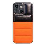 For iPhone 14 Color Block Down Jacket Phone Case(Black Orange)