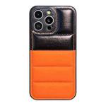 For iPhone 14 Pro Color Block Down Jacket Phone Case(Black Orange)