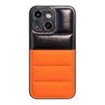 For iPhone 13 Color Block Down Jacket Phone Case(Black Orange)