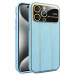 For iPhone 15 Pro Max Electroplating Litchi Grain Large Window Phone Case(Blue)