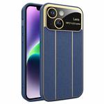 For iPhone 14 Plus Electroplating Litchi Grain Large Window Phone Case(Dark Blue)