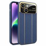 For iPhone 14 Electroplating Litchi Grain Large Window Phone Case(Dark Blue)