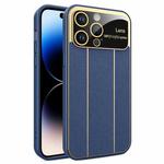 For iPhone 14 Pro Electroplating Litchi Grain Large Window Phone Case(Dark Blue)