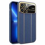 For iPhone 13 Pro Electroplating Litchi Grain Large Window Phone Case(Dark Blue)