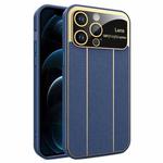 For iPhone 12 Pro Max Electroplating Litchi Grain Large Window Phone Case(Dark Blue)