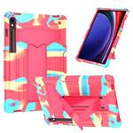 For Samsung Galaxy Tab S9 FE / S9 T Holder Robot Silicone Hybrid PC Tablet Case(Camouflage Rose Red)