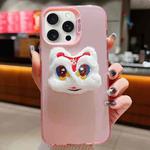 For iPhone 15 Pro Max New Year Lion Dance Plush Doll Phone Case(Pink Back White Lion)
