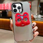 For iPhone 14 Pro New Year Lion Dance Plush Doll Phone Case(Grey Back Red Lion)