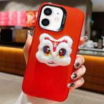 For iPhone 12 New Year Lion Dance Plush Doll Phone Case(Red Back White Lion)