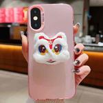 For iPhone X / XS New Year Lion Dance Plush Doll Phone Case(Pink Back White Lion)