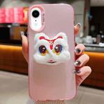 For iPhone XR New Year Lion Dance Plush Doll Phone Case(Pink Back White Lion)