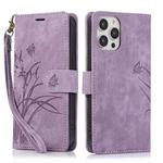 For iPhone 15 Pro Max Orchid Butterfly Embossed Leather Phone Case(Purple)