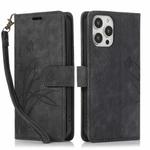 For iPhone 16 Pro Max Orchid Butterfly Embossed Leather Phone Case(Black)