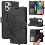 For iPhone 16 Pro Orchid Butterfly Embossed Leather Phone Case(Black)