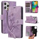 For iPhone 16 Pro Orchid Butterfly Embossed Leather Phone Case(Purple)