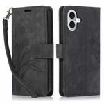 For iPhone 16 Orchid Butterfly Embossed Leather Phone Case(Black)