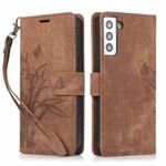 For Samsung Galaxy S22 5G Orchid Butterfly Embossed Leather Phone Case(Brown)