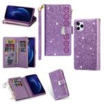 For iPhone 11 Pro Max Multi-card Slots Starry Sky Laser Carving Glitter Zipper Horizontal Flip Leather Case with Holder & Wallet & Lanyard(Purple)