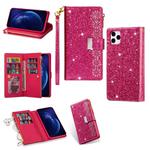 For iPhone 11 Pro Multi-card Slots Starry Sky Laser Carving Glitter Zipper Horizontal Flip Leather Case with Holder & Wallet & Lanyard(Rose Red)