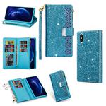 For iPhone XS Max Multi-card Slots Starry Sky Laser Carving Glitter Zipper Horizontal Flip Leather Case with Holder & Wallet & Lanyard(Sky Blue)