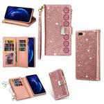 For iPhone 8 Plus / 7 Plus Multi-card Slots Starry Sky Laser Carving Glitter Zipper Horizontal Flip Leather Case with Holder & Wallet & Lanyard(Rose Gold)