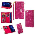 For iPhone SE 2022 / SE 2020 / 8 / 7 Multi-card Slots Starry Sky Laser Carving Glitter Zipper Horizontal Flip Leather Case with Holder & Wallet & Lanyard(Rose Red)