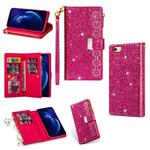 For iPhone 6 Plus / 6s Plus Multi-card Slots Starry Sky Laser Carving Glitter Zipper Horizontal Flip Leather Case with Holder & Wallet & Lanyard(Rose Red)