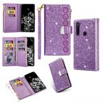 For Xiaomi Redmi Note 8 Multi-card Slots Starry Sky Laser Carving Glitter Zipper Horizontal Flip Leather Case with Holder & Wallet & Lanyard(Purple)