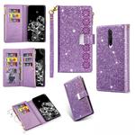 For Xiaomi Redmi K30 Multi-card Slots Starry Sky Laser Carving Glitter Zipper Horizontal Flip Leather Case with Holder & Wallet & Lanyard(Purple)