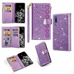 For Xiaomi Mi 9 / Mi 9 Explorer Multi-card Slots Starry Sky Laser Carving Glitter Zipper Horizontal Flip Leather Case with Holder & Wallet & Lanyard(Purple)