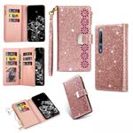 For Xiaomi Mi 10 5G / Mi 10 Pro 5G Multi-card Slots Starry Sky Laser Carving Glitter Zipper Horizontal Flip Leather Case with Holder & Wallet & Lanyard(Rose Gold)