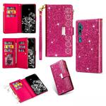 For Xiaomi Mi CC9 Pro Multi-card Slots Starry Sky Laser Carving Glitter Zipper Horizontal Flip Leather Case with Holder & Wallet & Lanyard(Rose Red)