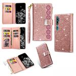 For Xiaomi Mi CC9 Pro Multi-card Slots Starry Sky Laser Carving Glitter Zipper Horizontal Flip Leather Case with Holder & Wallet & Lanyard(Rose Gold)