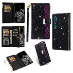 For Xiaomi Note 10 Pro Multi-card Slots Starry Sky Laser Carving Glitter Zipper Horizontal Flip Leather Case with Holder & Wallet & Lanyard(Black)