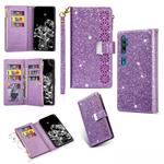 For Xiaomi Note 10 Pro Multi-card Slots Starry Sky Laser Carving Glitter Zipper Horizontal Flip Leather Case with Holder & Wallet & Lanyard(Purple)