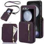 For Samsung Galaxy Z Flip5 Zipper Card Slots Folding RFID Phone Case with Long Lanyard(Dark Purple)