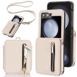 For Samsung Galaxy Z Flip5 Zipper Card Slots Folding RFID Phone Case with Long Lanyard(Apricot)