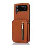 For Samsung Galaxy Z Flip4 Zipper Card Slots Folding RFID Phone Case with Long Lanyard(Brown)