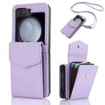 For Samsung Galaxy Z Flip5 Card Slots Folding RFID Phone Case with Long Lanyard(Light Purple)