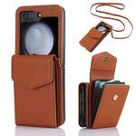 For Samsung Galaxy Z Flip5 Card Slots Folding RFID Phone Case with Long Lanyard(Brown)