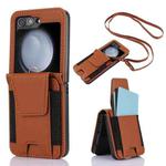 For Samsung Galaxy Z Flip5 Card Slots Folding Phone Case with Long Lanyard(Brown)