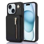 For iPhone 15 Plus YM006 Skin Feel Zipper Card Bag Phone Case with Dual Lanyard(Black)