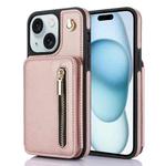 For iPhone 15 YM006 Skin Feel Zipper Card Bag Phone Case with Dual Lanyard(Rose Gold)