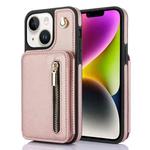 For iPhone 14 Plus YM006 Skin Feel Zipper Card Bag Phone Case with Dual Lanyard(Rose Gold)