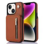 For iPhone 14 Plus YM006 Skin Feel Zipper Card Bag Phone Case with Dual Lanyard(Brown)