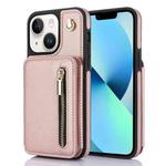 For iPhone 13 YM006 Skin Feel Zipper Card Bag Phone Case with Dual Lanyard(Rose Gold)