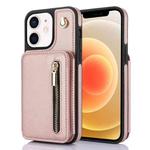 For iPhone 12 / 12 Pro YM006 Skin Feel Zipper Card Bag Phone Case with Dual Lanyard(Rose Gold)