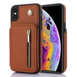 For iPhone X / XS YM006 Skin Feel Zipper Card Bag Phone Case with Dual Lanyard(Brown)