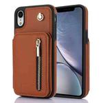 For iPhone XR YM006 Skin Feel Zipper Card Bag Phone Case with Dual Lanyard(Brown)