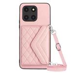 For Honor X6a Rhombic Texture Card Bag RFID Phone Case with Long Lanyard(Rose Gold)